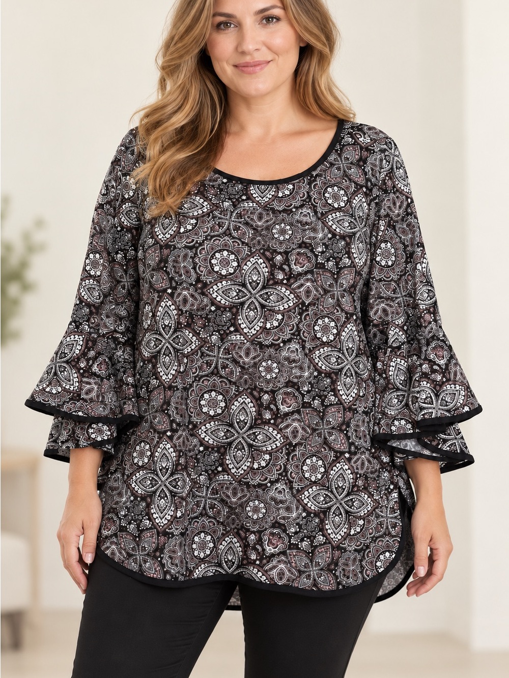 Once Again Colorful Paisley Pullover Top Flounce Ruffle 3/4 Sleeve Womens XL NWT
